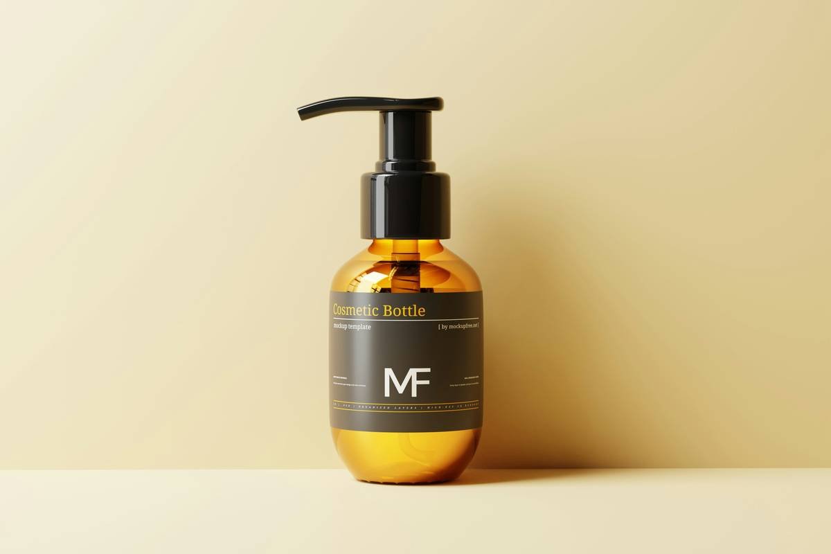 Small Amber Glass Cosmetic Pump Bottle Mockups, Download the PSD version of this mockup for free from https://mockupfree.net